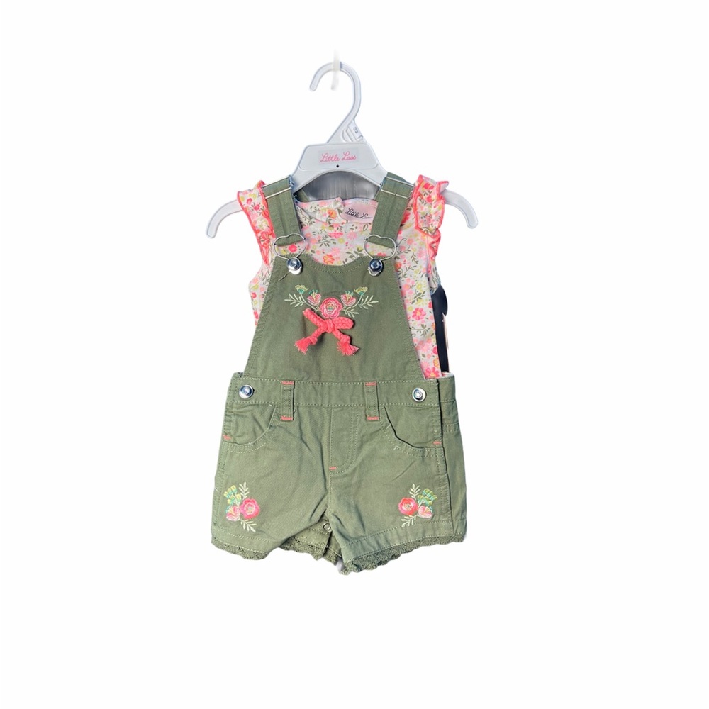 Little Lass Olive Green Floral Overalls Size 12MO